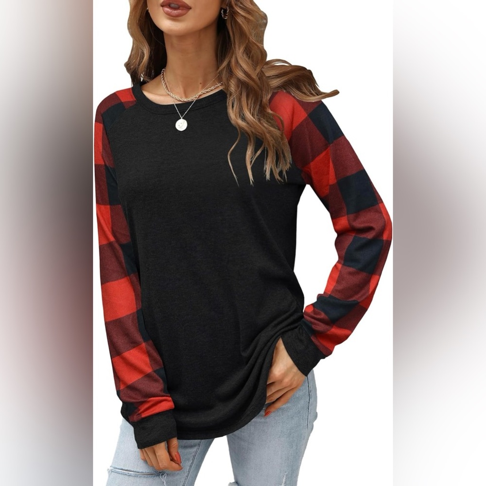 Aifer Womens Long Sleeve Top Crewneck Casual Buffalo Plaid Print Womens Medium